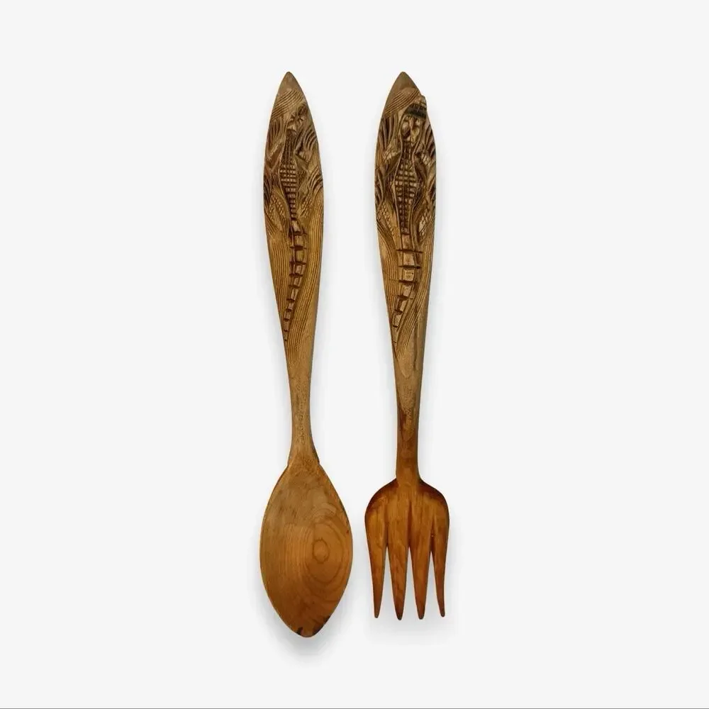 Vintage Hand Carved Wood Alligator Crocodile Salad Servers Fork Spoon 10”